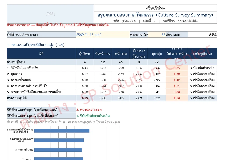ตัวอย่างสรุปผลแบบสอบถามวัฒนธรรมใน Excel