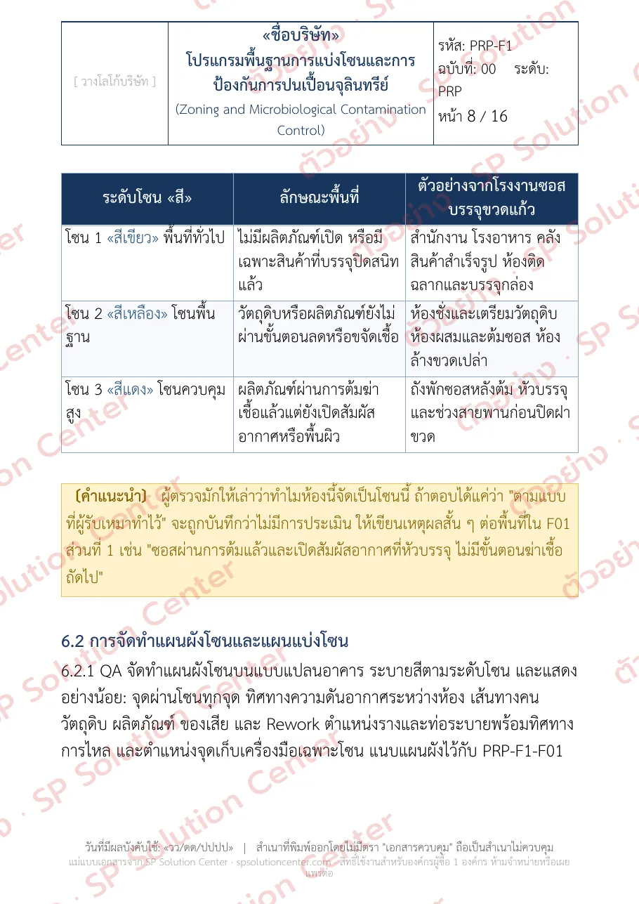 หน้าโปรแกรมพื้นฐาน PRP-F1 การแบ่งโซนและการป้องกันการปนเปื้อนจุลินทรีย์ ตาราง 3 ระดับโซน