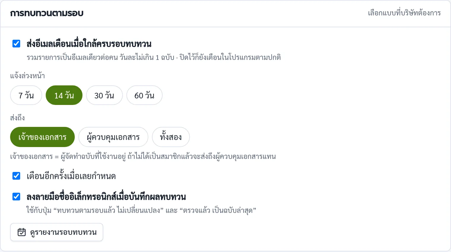 หน้าตั้งค่าการทบทวนตามรอบใน SP DCC: เลือกแจ้งล่วงหน้า 7 14 30 60 วัน เลือกผู้รับอีเมล เตือนเมื่อเลยกำหนด และลงลายมือชื่ออิเล็กทรอนิกส์เมื่อบันทึกผล